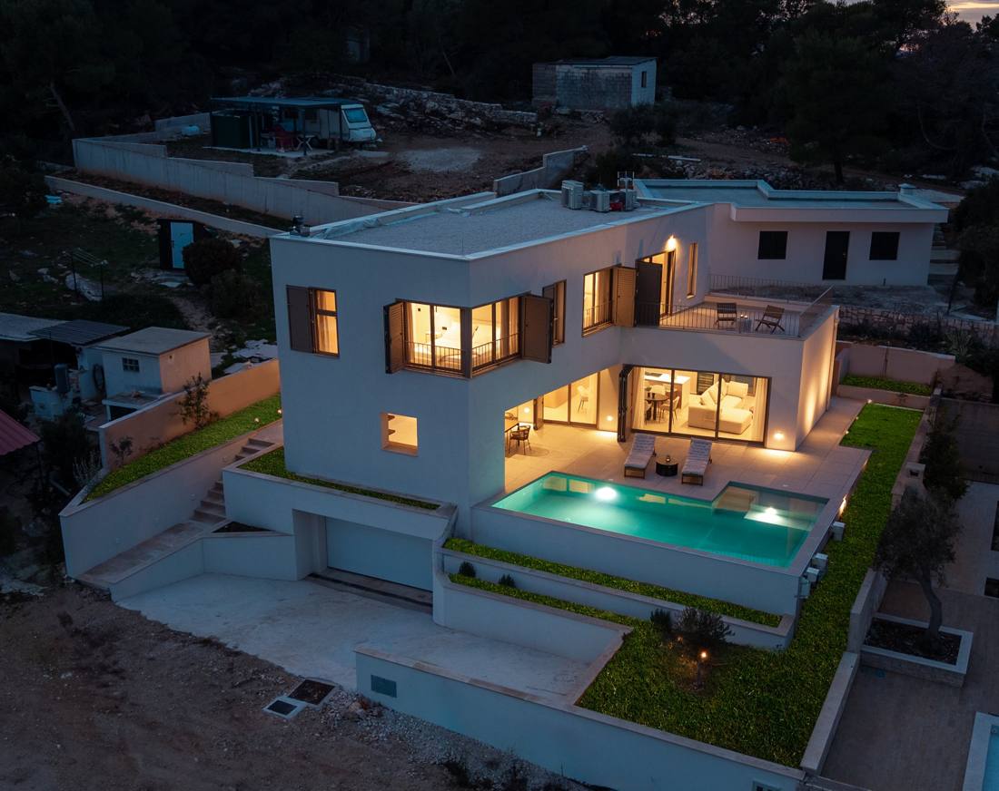 Aerial view of the villa at night